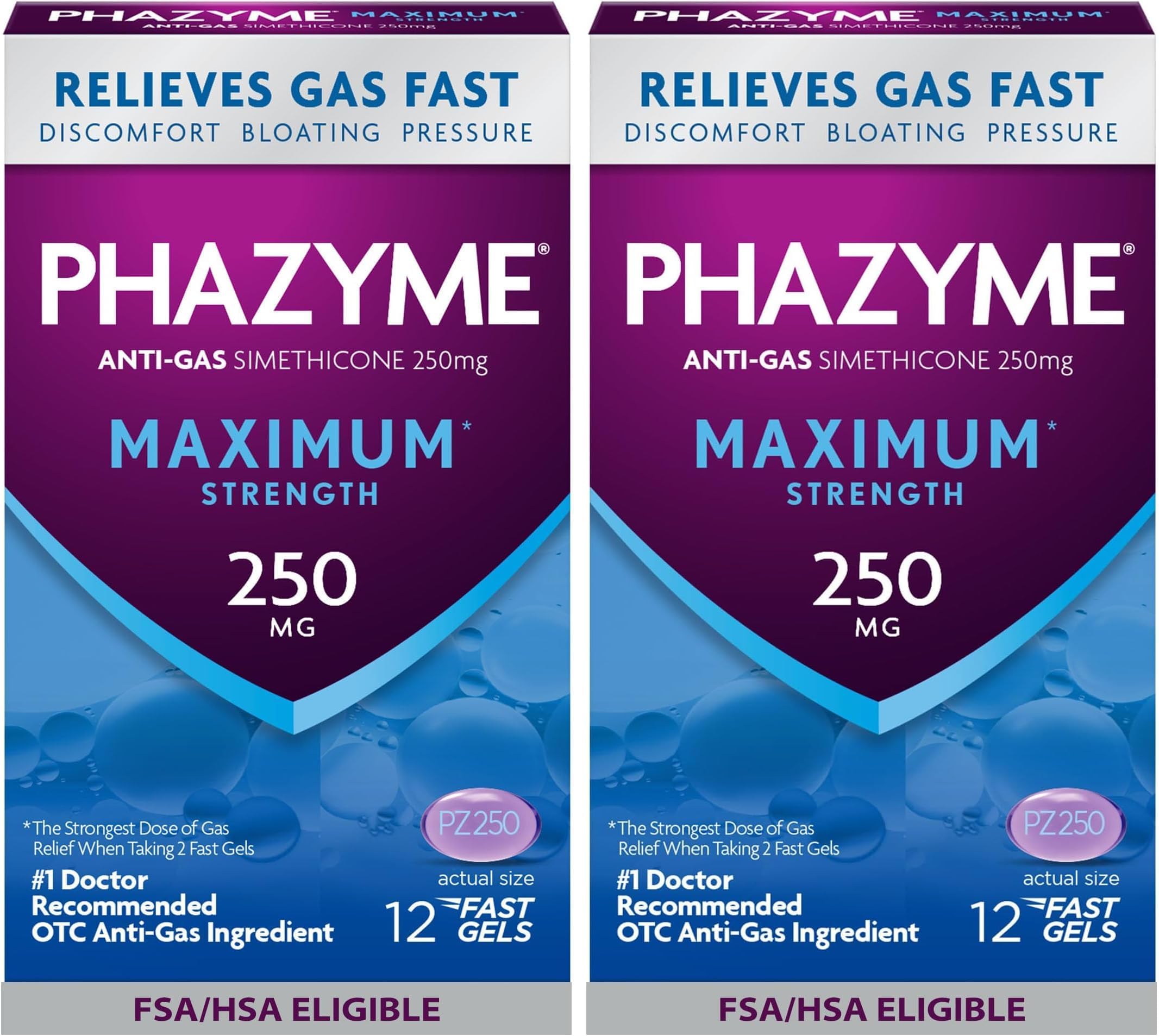Phazyme Maximum Strength Gas and Bloating Relief, 250 mg Simethicone, 12 Fast Gels (Pack of 2)