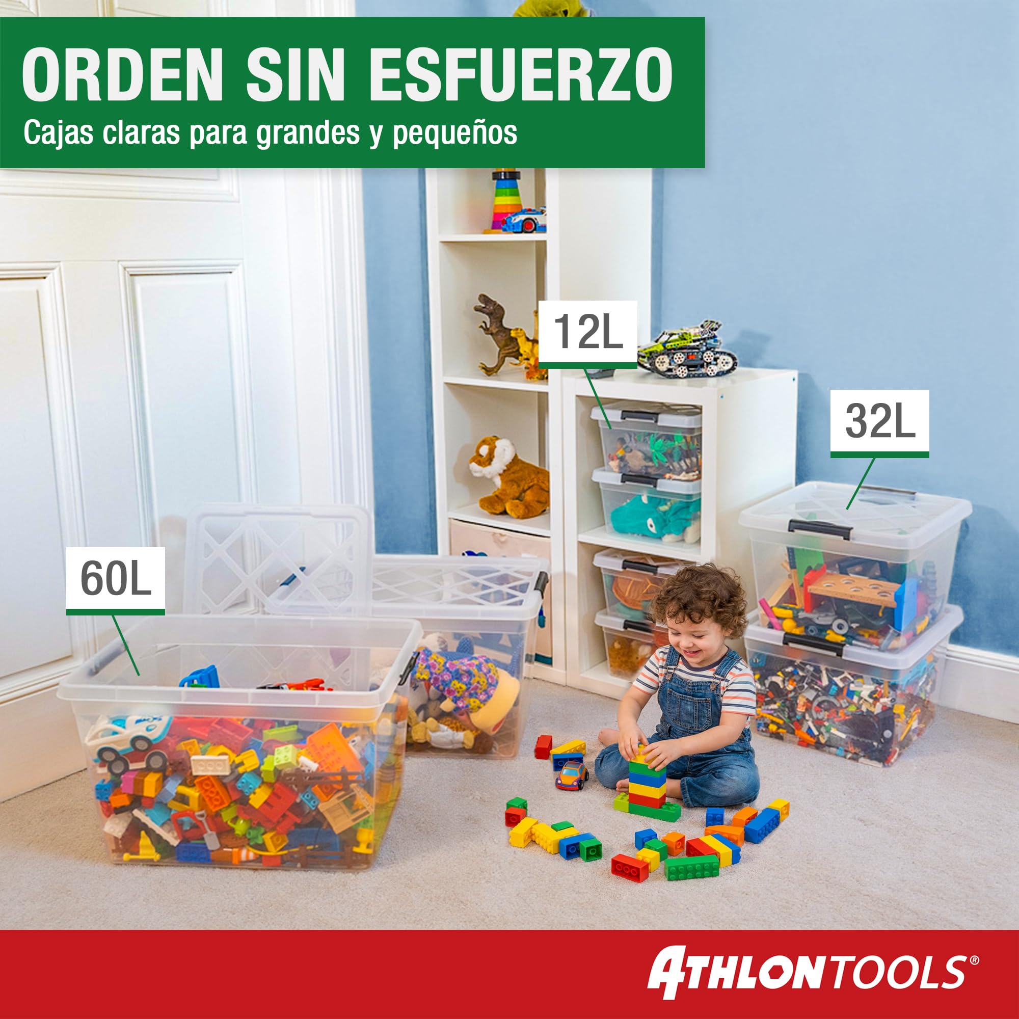 ATHLON TOOLS 4 cajas de almacenamiento de 12.5 L con tapa, aptas para alimentos, clips de cierre, caja de plástico 100% transparente, cajas de ropa apilables