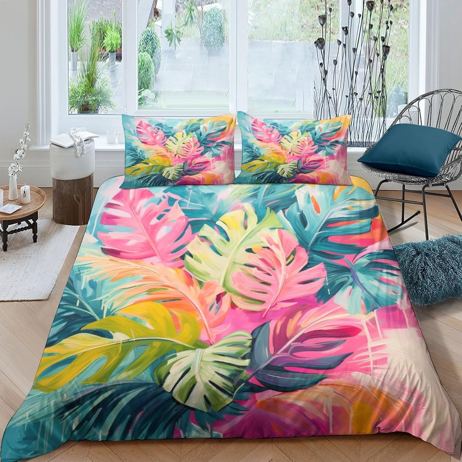 Housses de couette feuilles de plantes 200x200 cm avec 2 taies d'oreiller lit