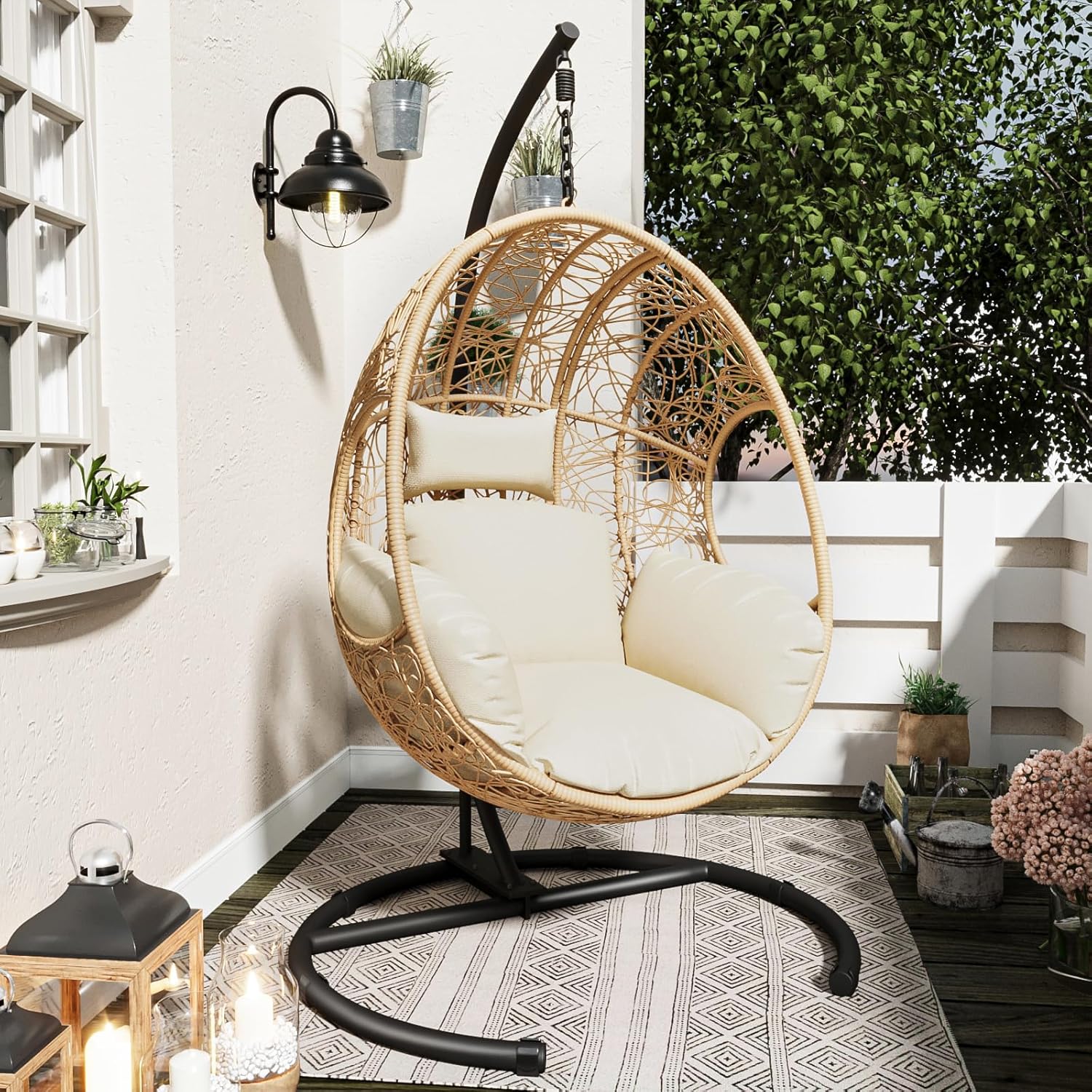 JOYBASE Hanging Egg Chair with Stand, Oversized Patio Swing Chair with Stand and Cushion, Hammock Wicker Rattan Lounge Chair for Indoor Outdoor Backyard Garden (Beige)