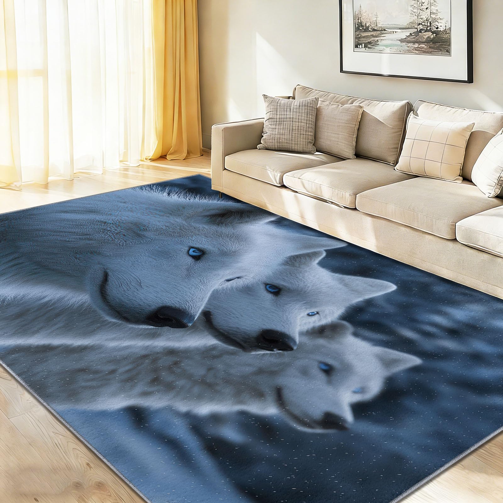 Tappeto per la cameretta dei bambini, motivo: lupo mitico nella pineta, tappeto lavabile, antiscivolo, a pelo basso, morbido, idea regalo, 80 x 150 cm, bianco