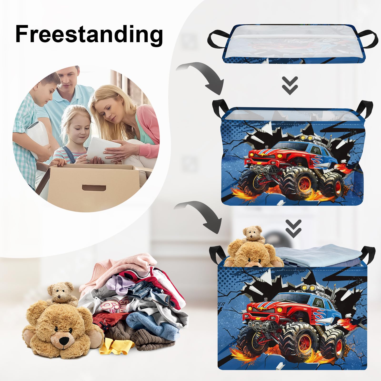 HUUMONSS 3D Monster Truck Baby Laundry Hamper Collapsible Clothes Storage Basket Large Yellow Car Boys Gift Toy Box Bin for Nursery Room Blue - Image 3