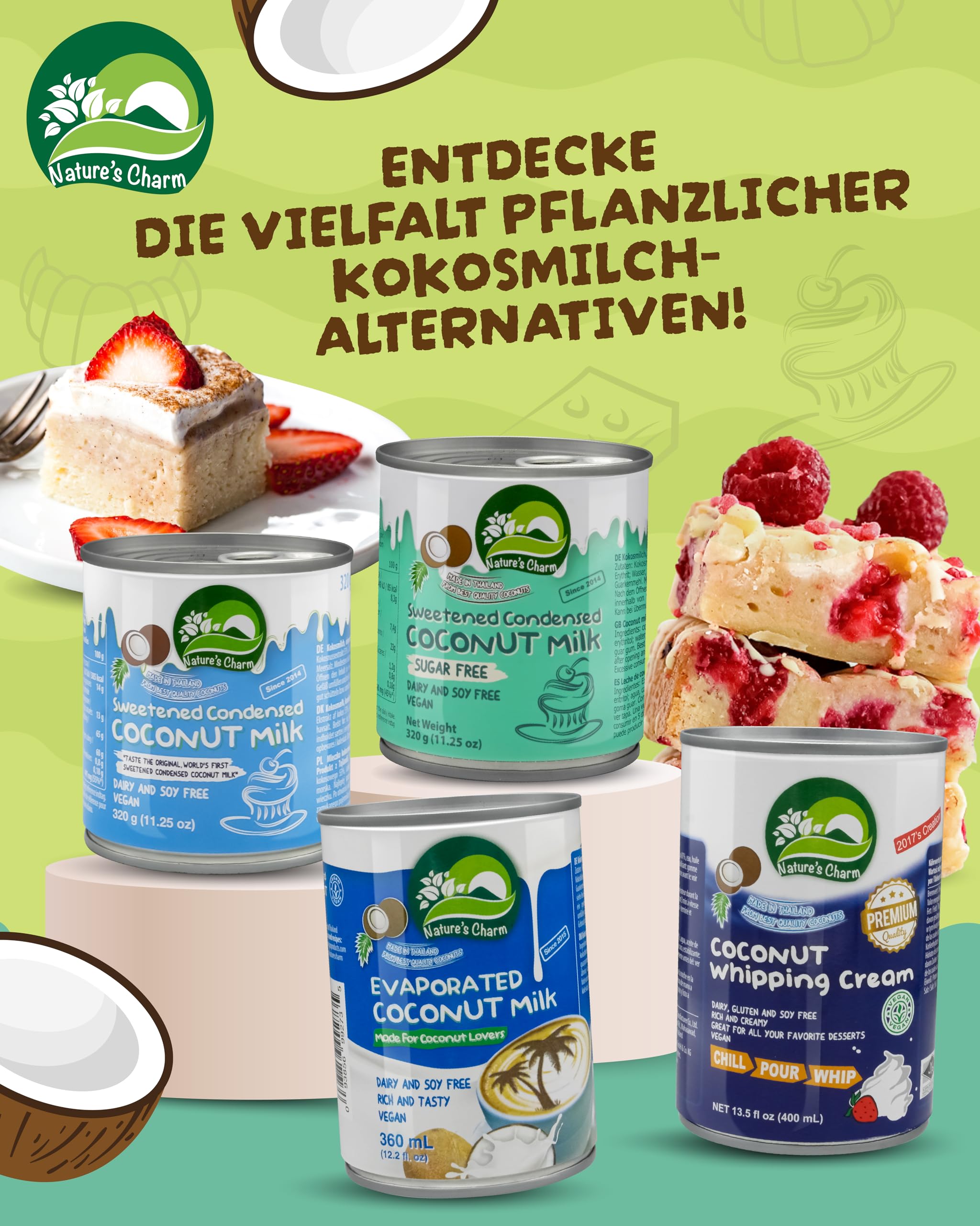Nature’s Charm eingedickte, gesüßte Kokosnussmilch mit Erythrit I Vegane Kokosmilch ohne Zuckerzusatz I Ideal zum Backen, für cremige Desserts, Kaffee und Tee I 6 x 320 g