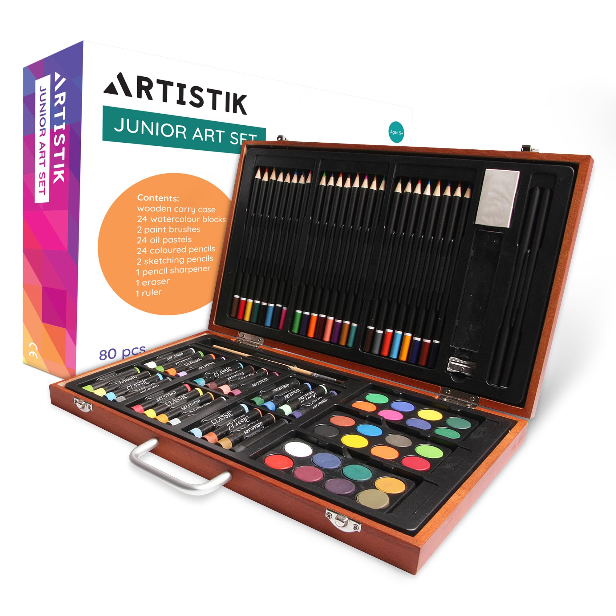 ARTISTIK Junior Art Set – 80-Piece Kids Art Set with Wooden Case for Teens and Adults – Professional Creative Watercolor Painting, Coloring, and Drawing Kit