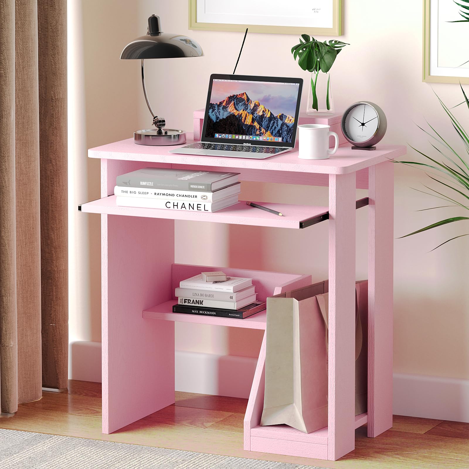MIN WIN Kleiner Schreibtisch, Computertisch mit Monitorständer, Tastaturablage und CPU-Ständer, Bürotisch für kleine Räume, Home Office, Schlafzimmer