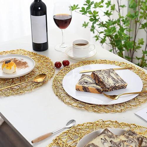 Miniatura 3 de 6PCS Gold Round Placemats 15" Heat-Resistant Hollow-Out Gold Place Mats Non-Slip Wipeable Placemats for Holiday Christmas Wedding Dining Table