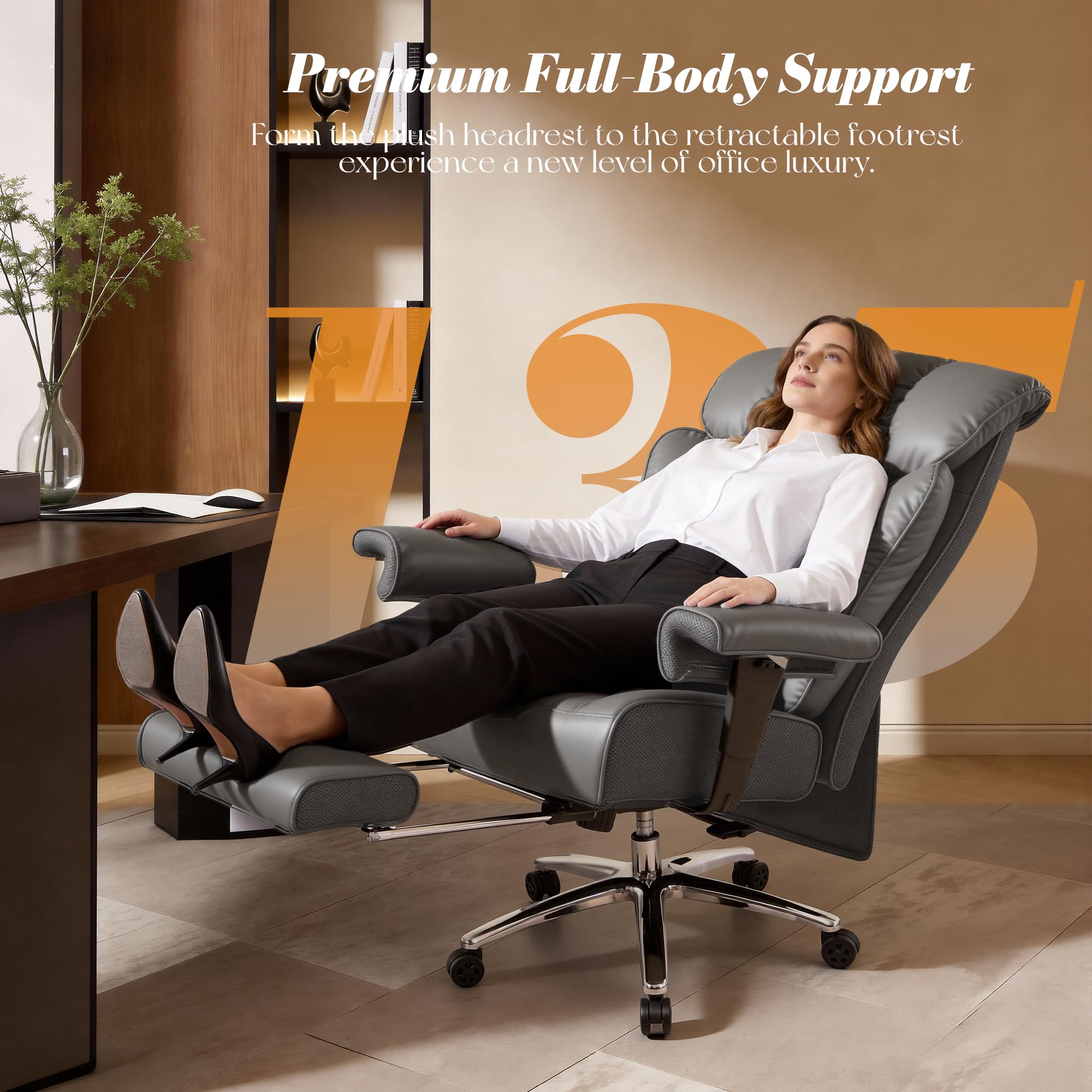 Efomao Bürostuhl, Executivesessel PU-Leder mit Integrierter Lendenwirbelstütze, Ergonomischer Chefsessel bis 200kg mit Ausziehbarer Fußstütze für Home Office, Höhenverstellbar