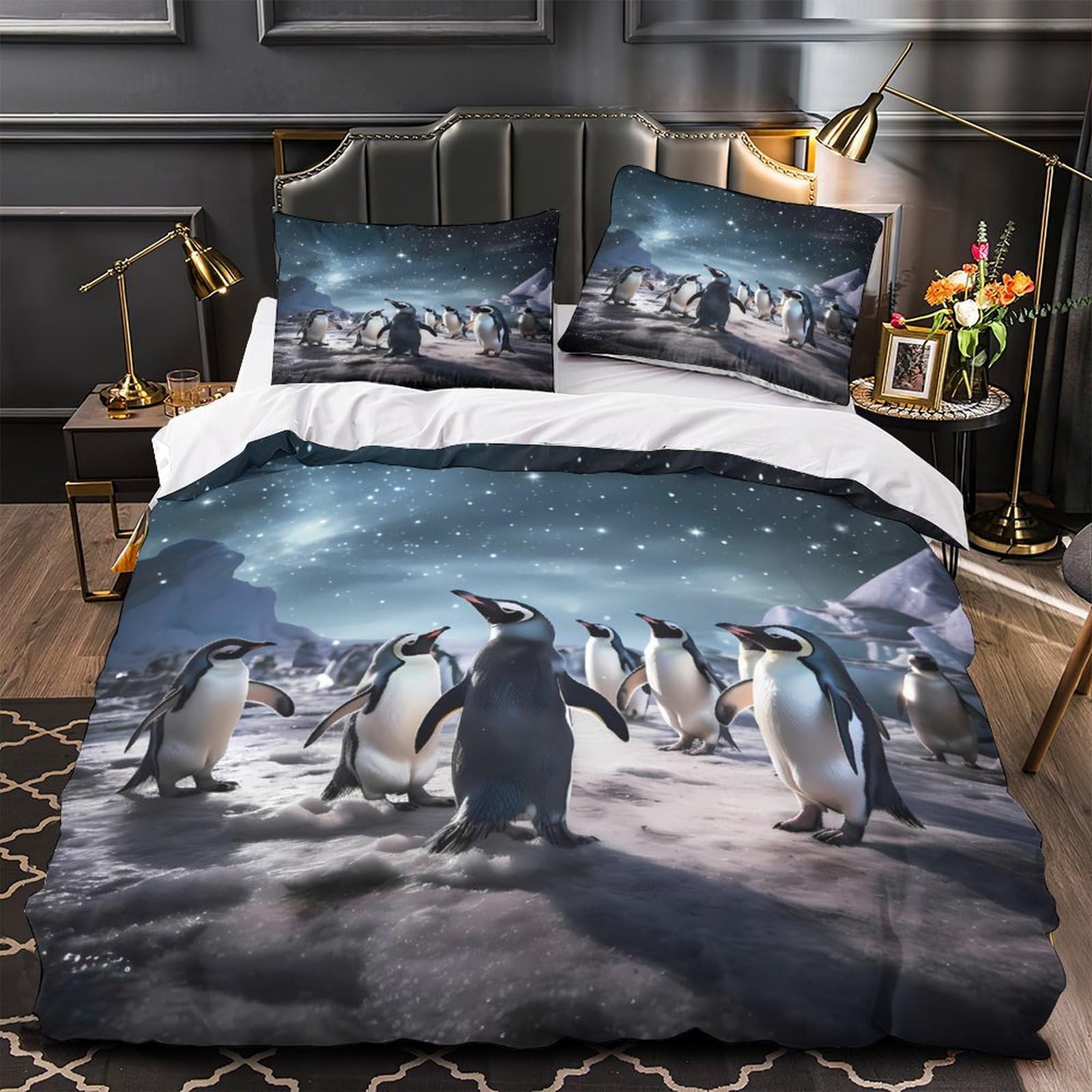 Housse de couette 135x200cm pingouins pour lit fille, microfibre respirante sous les étoiles