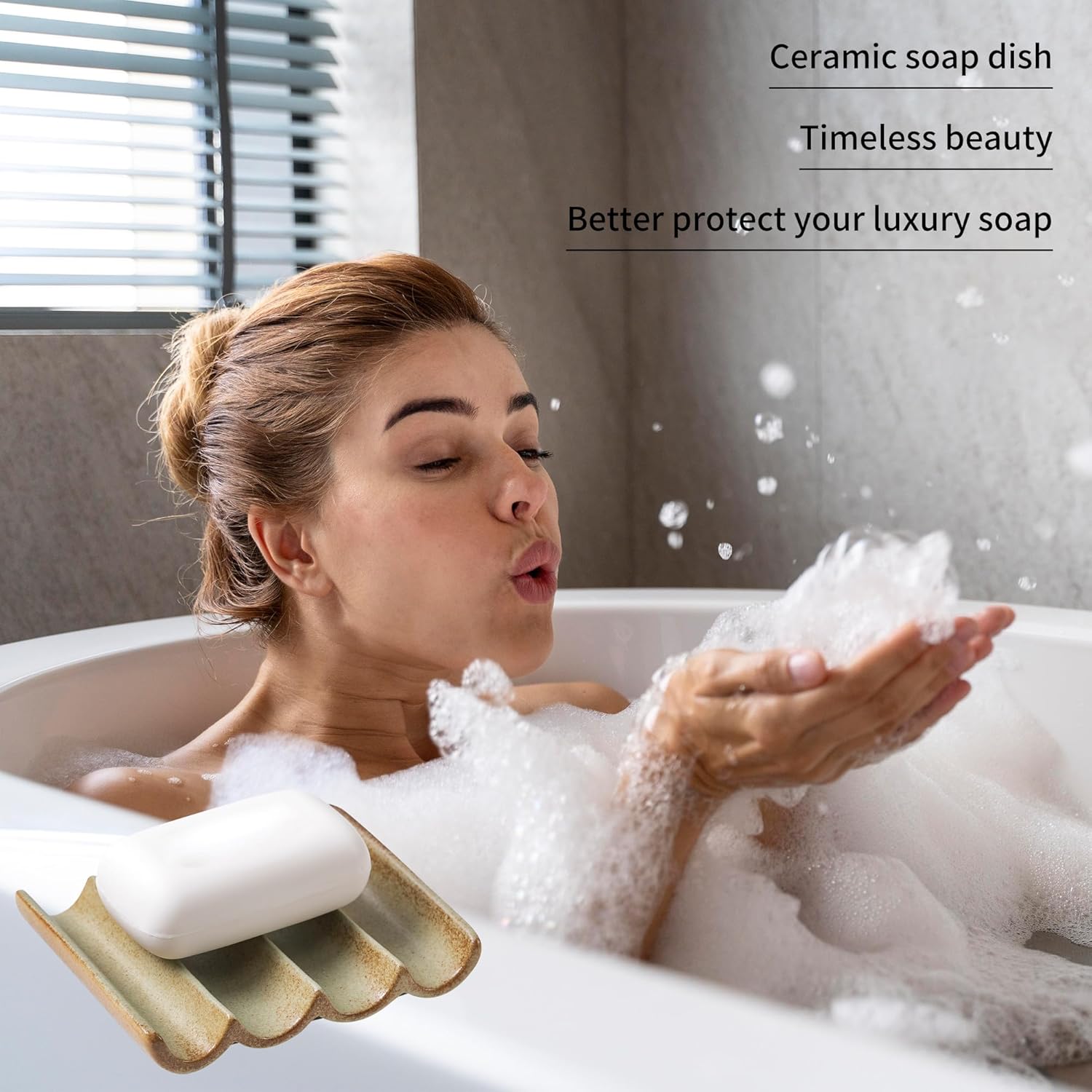 Soap Dish with Drainage, Ceramic Soap Bar Holder Tray for Shower Decorative Square Soap Saver for Bathroom Sink, Kitchen and Countertop White, Retro Green 1 Pcs - Image 3