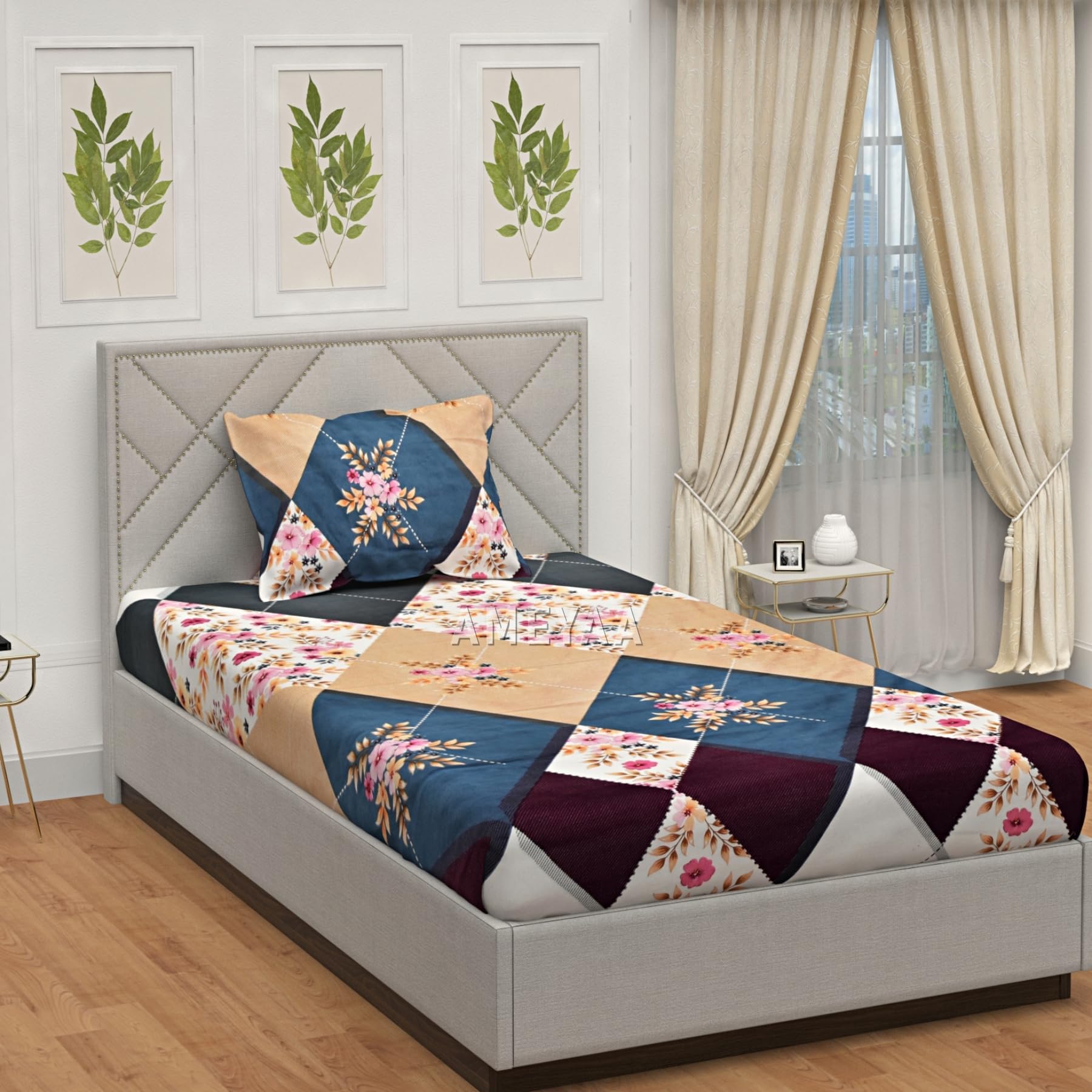 Cotton Feel Elastic Fitted Printed Single Size Bed Bedsheet with 1 Pillow Covers Fits Upto Mattress of 8 Inch, 36" x 72" (Peach Triange)