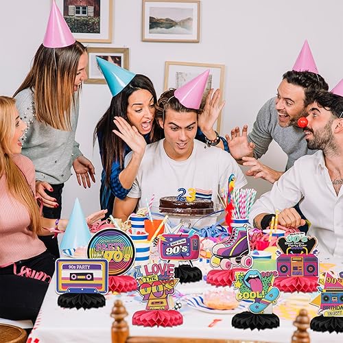 Miniatura 7 de 9 piezas de decoraciones de fiesta de los años 90, centros de mesa retro de panal de los años 90, centros de mesa de fiesta de regreso a los 90 para