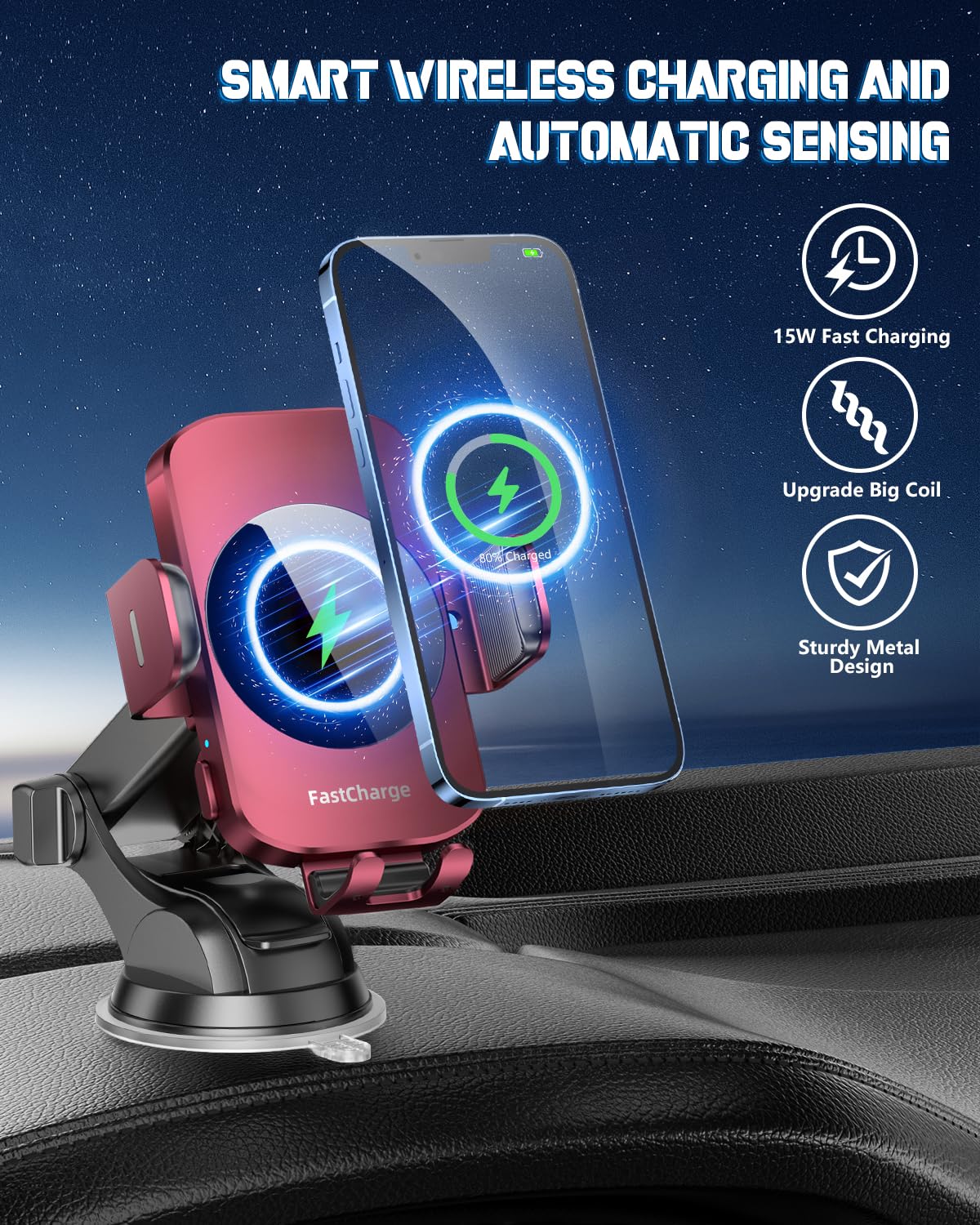 BothLin Caricabatterie da auto wireless, supporto per telefono a ricarica rapida 3 in 1, supporto per telefono con bloccaggio automatico, accessori per auto, compatibile con iPhone 17 16 15 14 13 12