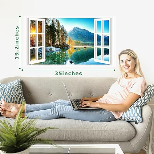 Miniatura 2 de Calcomanías de pared grandes de lago de montaña 3D, calcomanías de pared falsas extraíbles para despegar y pegar, mural de pared de paisaje, paisaje