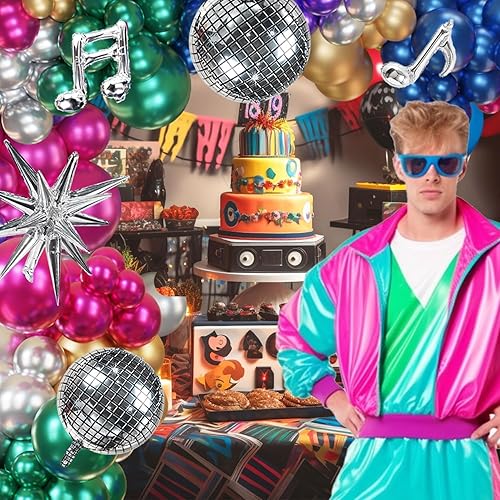 Miniatura 4 de ECEAE Kit de guirnalda de globos metálicos de bola de discoteca, colorido de los años 80 y 90, decoración cromada, 131 piezas en plata, verde, azul,