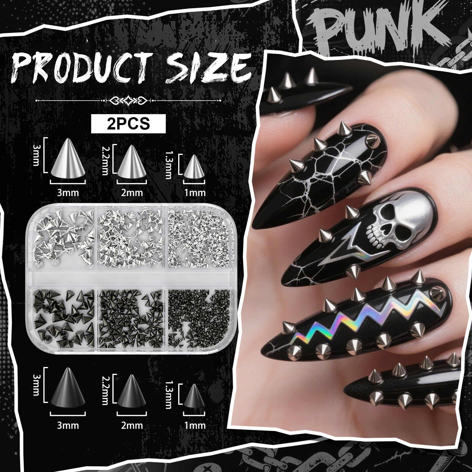 12 pudełek gotyckich zawieszek do paznokci, mini kolce do paznokci, punkowe ćwieki, styl wiktoriański i Halloween, manicure, dekoracje do paznokci, płaskie, metaliczne kolce 3D
