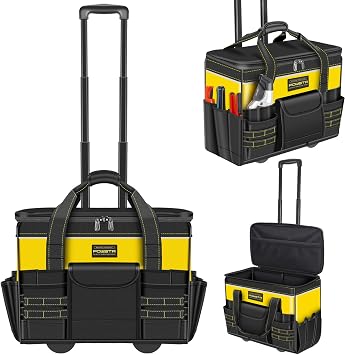 21 inch Rolling Tool Bag with Wheels, Waterproof Tool Bag with Telescopic Handle, 18 Pockets, Multi-Purpose Tool Bags for Construction, Electrician, Yellow/Black