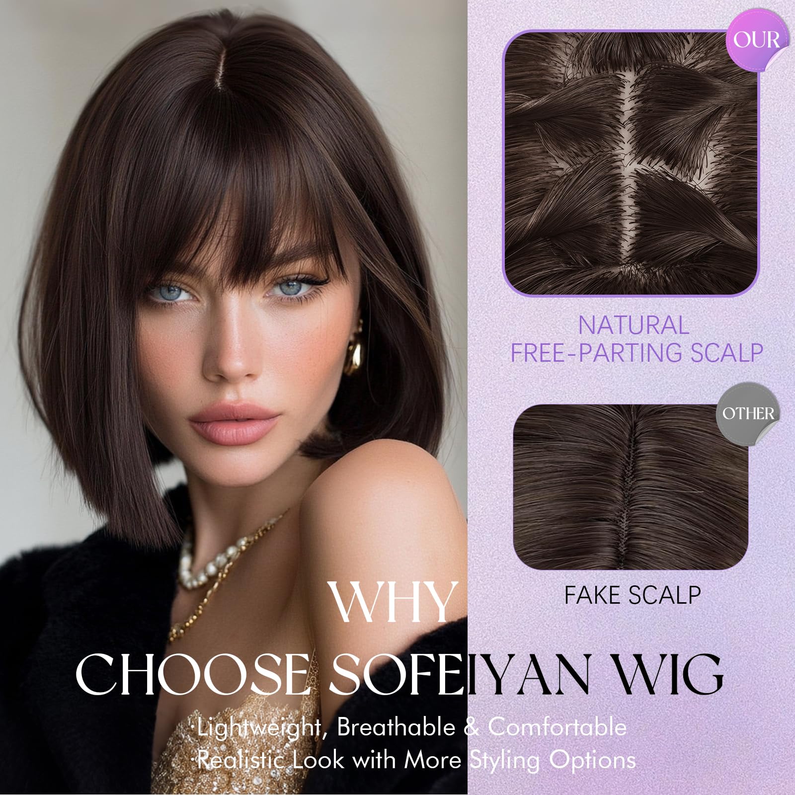Sofeiyan Peluca con Mucho Volumen,30 cm Pelucas Cabello Natural | Peluca Corta Lisa Bob con Flequillo,Pelucas Sintética para Mujer Diario Fiestas Carnaval Cosplay,Negro con Mechones Rojos