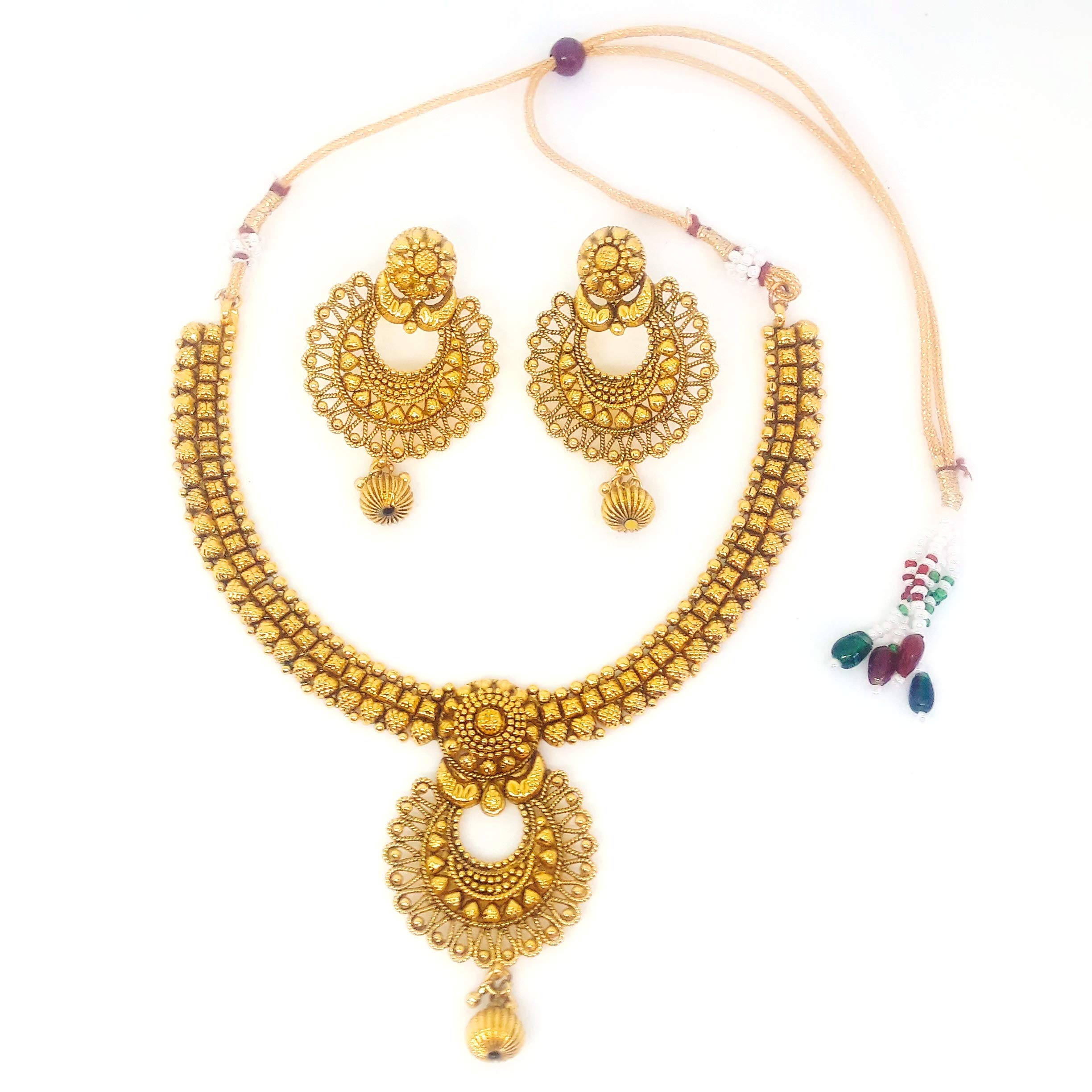 The Art Corner Gold Plated Oxidized Ethnic Necklace Set with Chandbali Earrings for Women