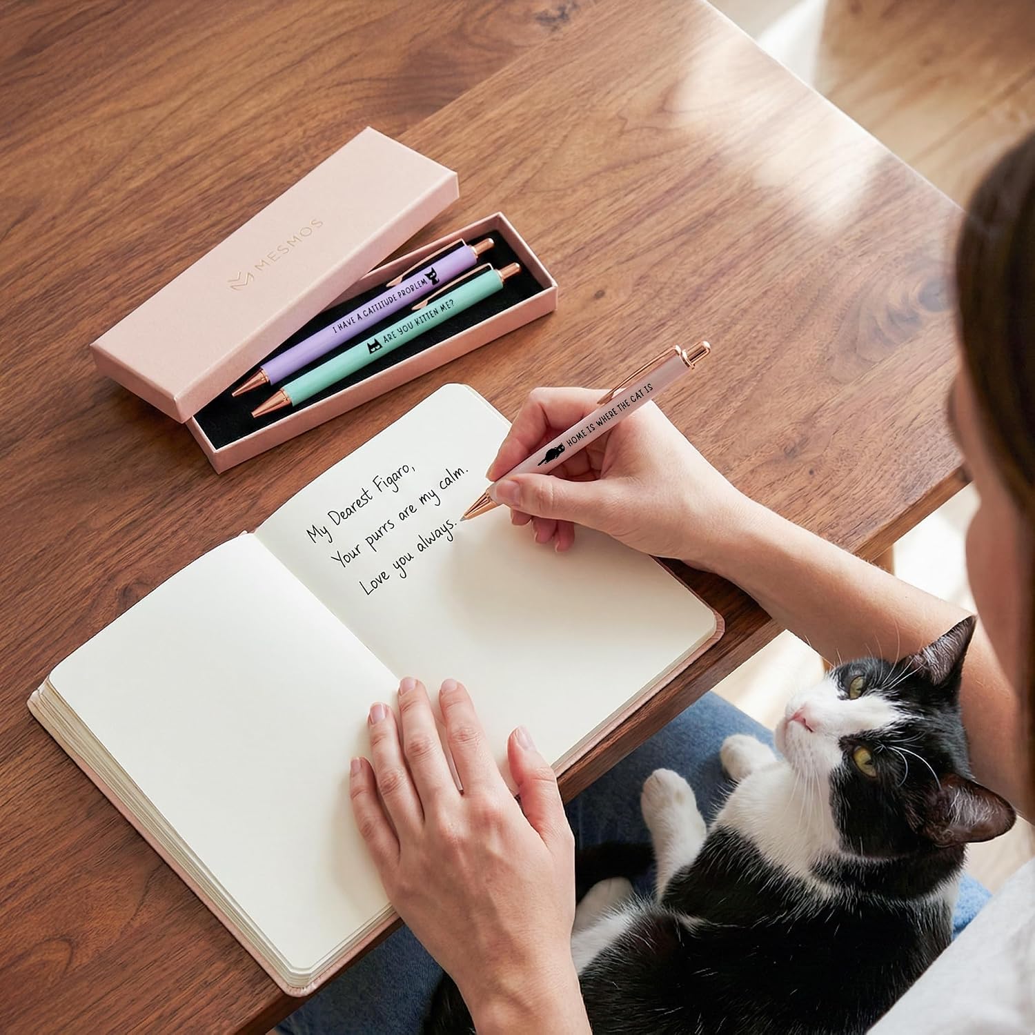 MESMOS 3pk Cute Cat Pens, Sassy and Funny Cat Lover Gifts for Women, Aesthetic Ballpoint Pens Beautifully Packaged, German-made Ink and Swiss-made Ink