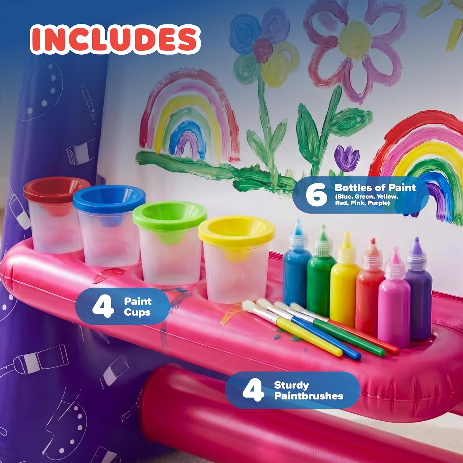 Inflatable Art Easel for Kids 3+ with Washable Paint Set, Brushes & Cups