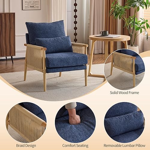 Miniatura 4 de Karl home Acogedora silla decorativa de felpilla con almohada lumbar y brazos de ratán, silla moderna para sala de estar, dormitorio, rincón de