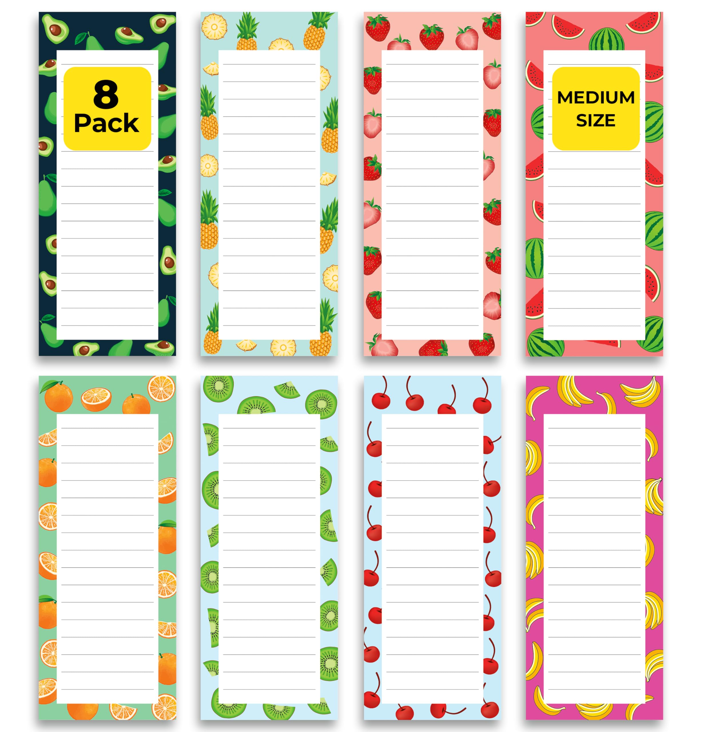 8 Magnetic Notepads – Notepads for Grocery List, Shopping List, To-Do List, Reminders -Strong Magnetic Back- Memo Notepad with Realistic Fruit Designs | 25 Sheets per Pad 7.5 x 3.5 inch (8 Pack)