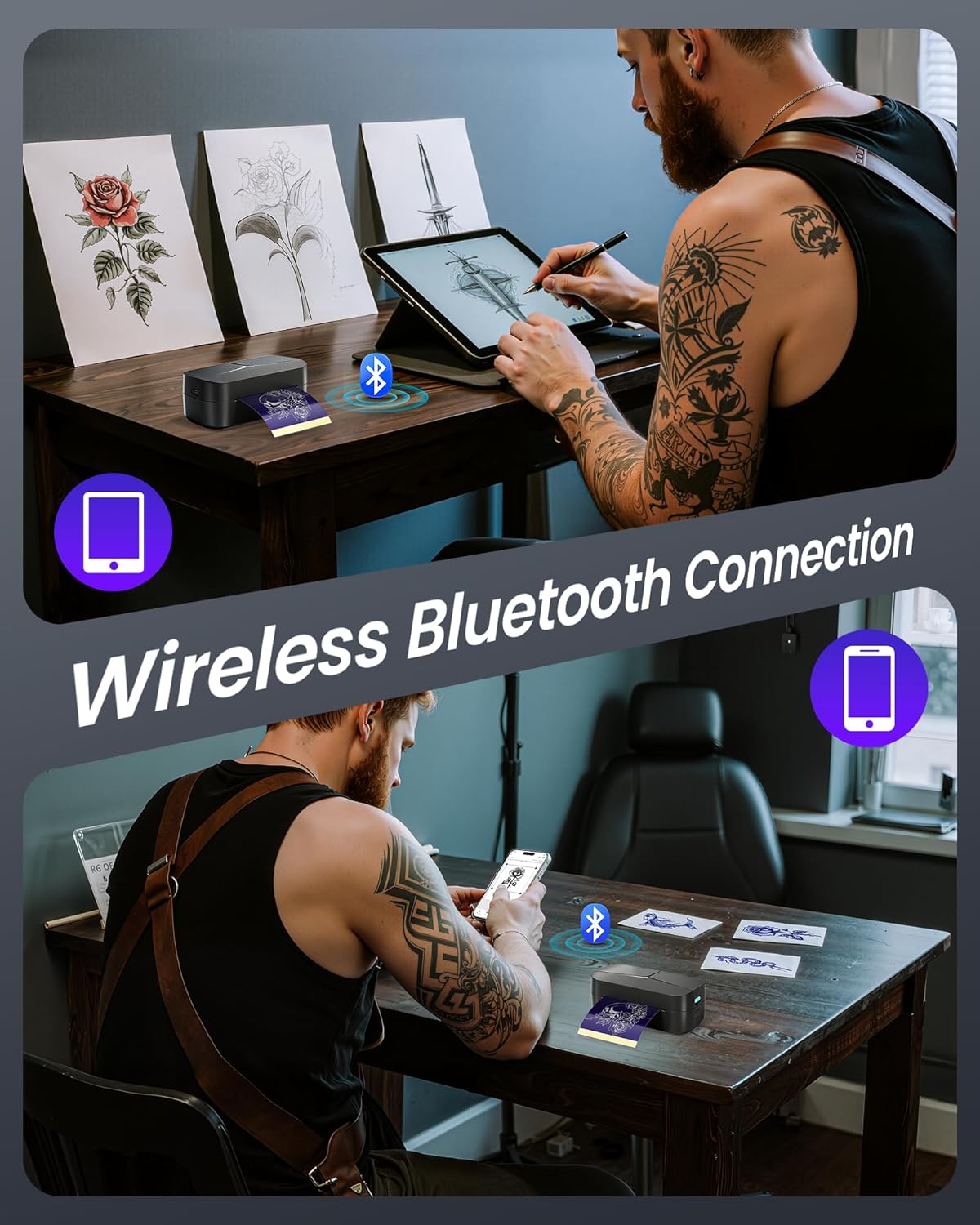 TATTMUSE Tattoo Stencil Printer for Beginners, Mini Tattoo Printer with 30 Pcs Transfer Paper, Bluetooth Stencil Printer Compatible with Phone & Tablet, Tattoo Machine Kit for Professional