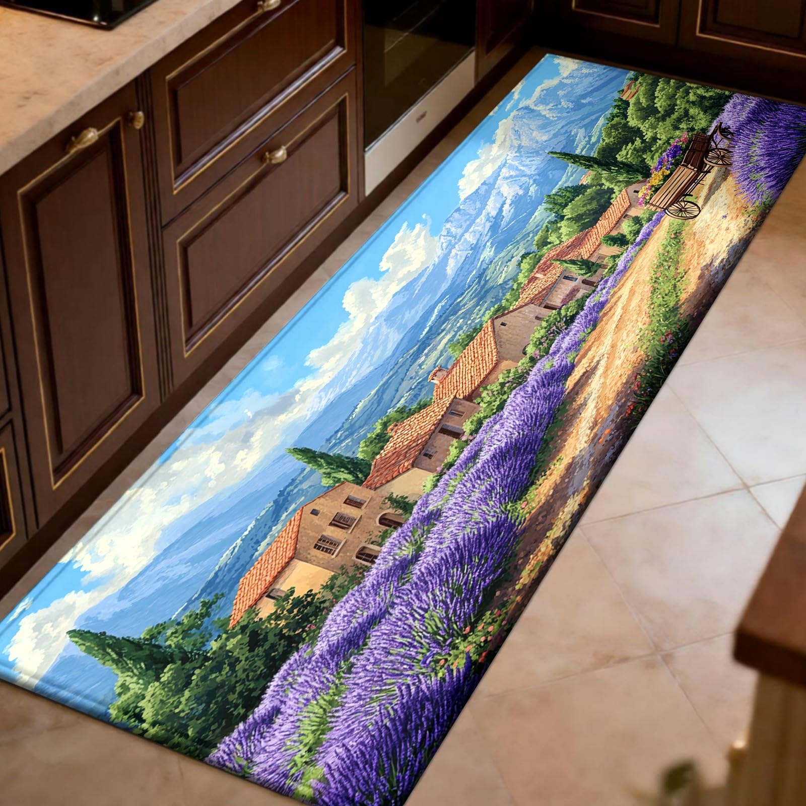 Teppichläufer Flur 50 x 200 cm Provence Lavendel Rutschfester Küchenteppich Ländlich abwaschbar, moderner Läufer für Wohnzimmer, Büro, Schlafzimmer und Küche