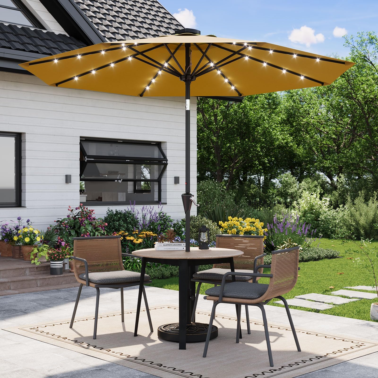 Garvee Sombrilla de Jardín LED Solar 300 cm, Parasol Exterior de Poliéster 180g/m² con 8 Varillas Acero, Manivela, Inclinación 30° Ajustable y Protección UV, Ideal para Terraza y Patio