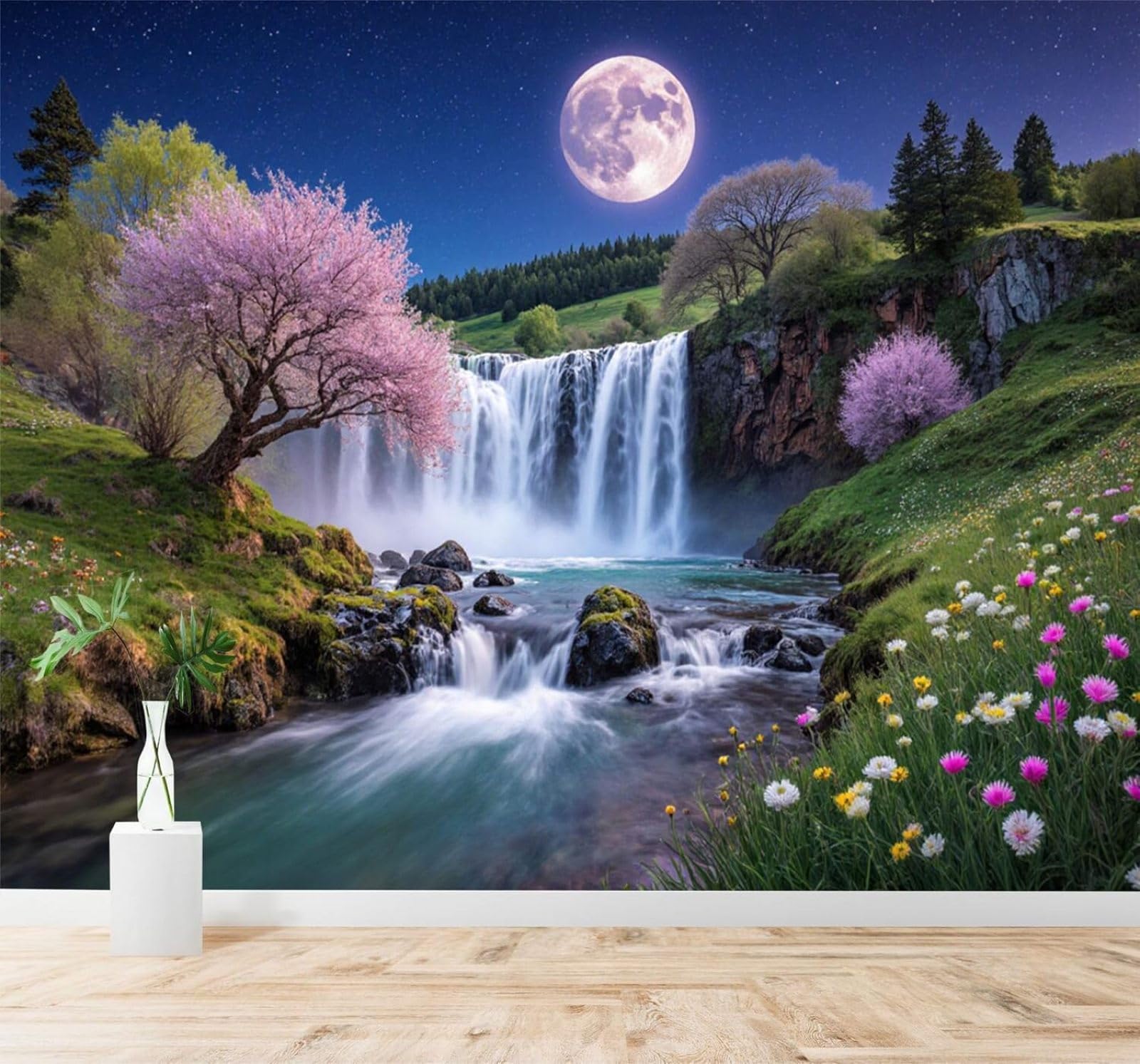 XLMING Waterfalls Cherry Blossoms Rivers Wildflowers Full Moon 3D Wallpaper Silky Texture Home Study Office Grey Dining Room Sofa Bedroom Living Room TV Backdrop-150cm×105cm