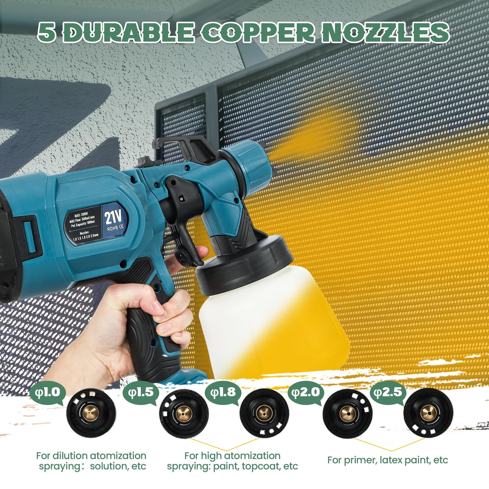 Huanyu Spruzzatore di vernice a batteria con 2 batterie da 21V 4.0Ah e 5 ugelli pistola a spruzzo per verniciare da 900 ml con 3 modelli pistola a spruzzo elettrico per la pittura di mobili domestici