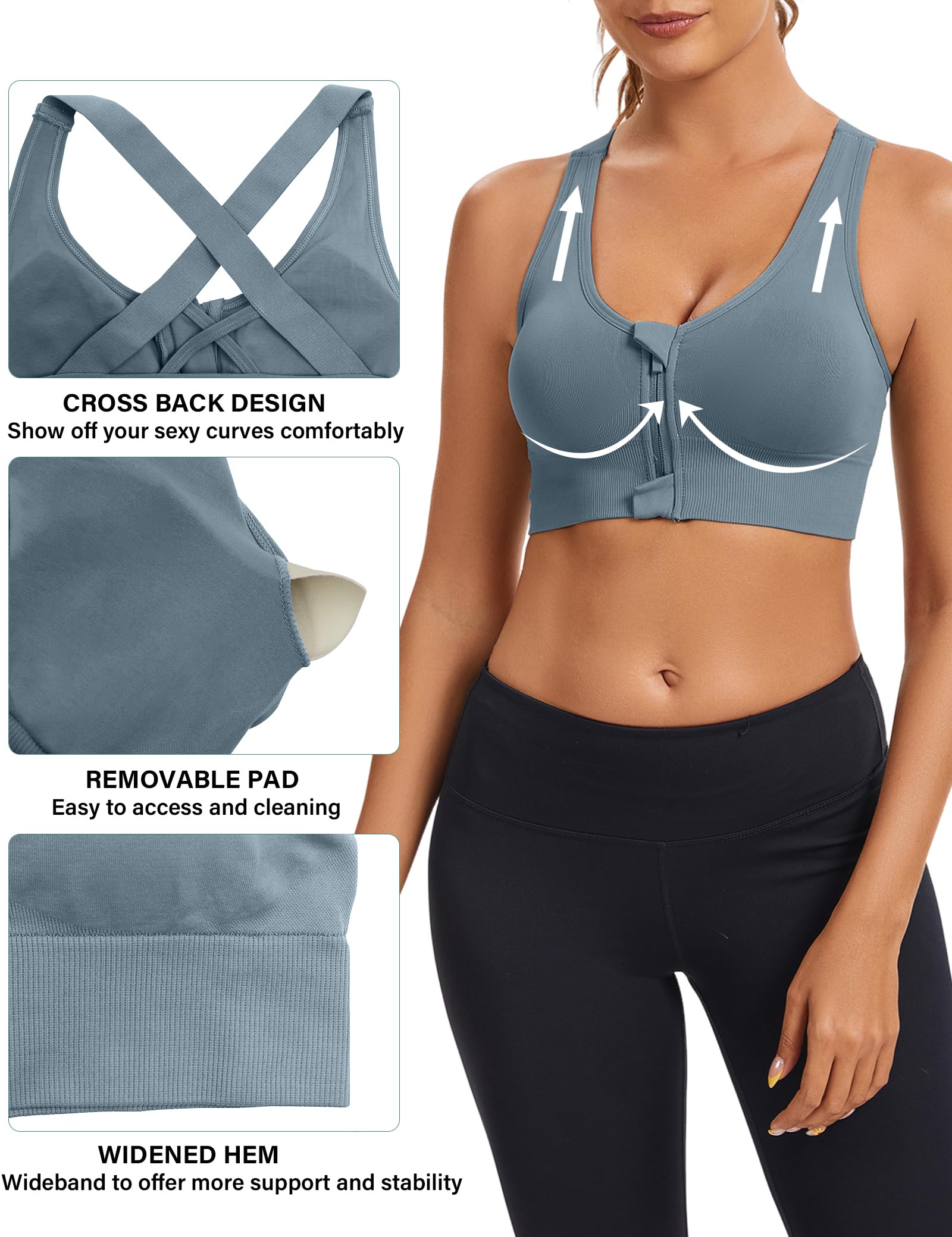 Sujetador Deportivo Mujer Alto Impacto sin Aros Cremallera Push Up con Almohadillas Extraíbles para Yoga Running Fitness S-XL