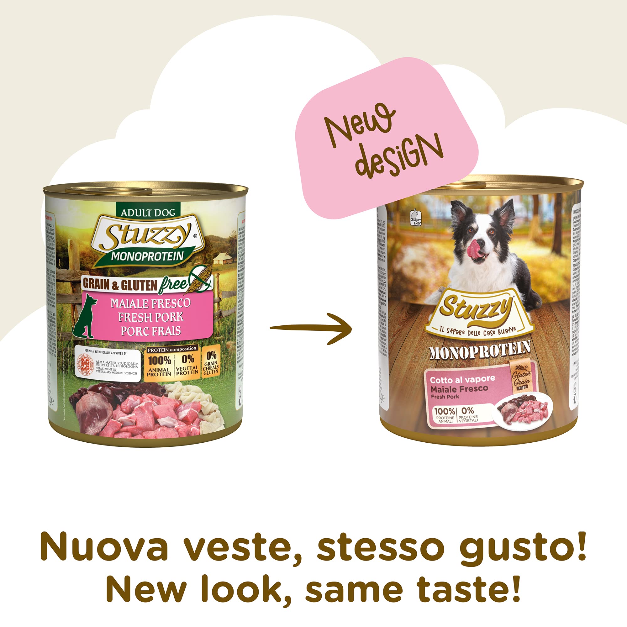 Stuzzy, Cibo Umido per Cani Adulti al Gusto Maiale Fresco, Preparato Monoproteico in Patè - Totale 4,8Kg (6 Lattine da 800G)