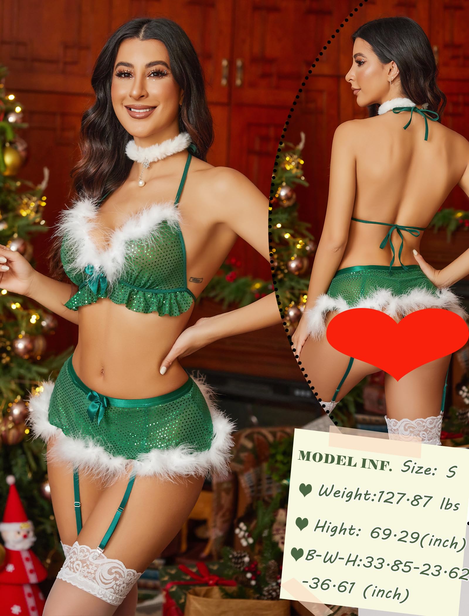 Avidlove Conjunto de lencería navideña para mujer con liguero de Papá Noel, babydoll de 3 piezas (sin medias), tallas S-XXL