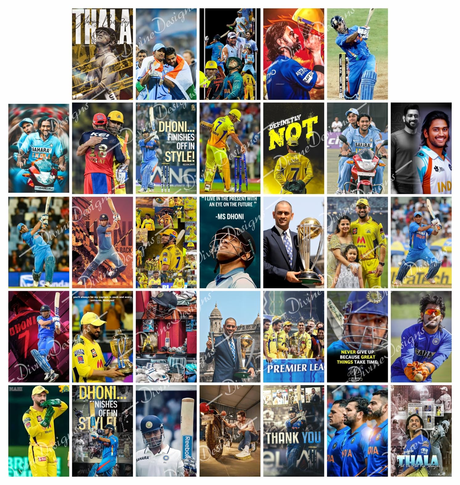 DivineDesigns Pack of 33 MS Dhoni Wall Collage Kit Posters | Posters for Wall Decoration | Wall Art For Bedroom, Office, Living room, (6 inch X 4 inch) Set of 33 MS Dhoni Prints