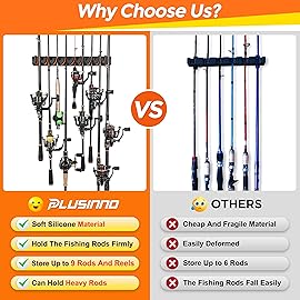 PLUSINNO V9 Vertical Fishing Rod Holders, 2 Packs Wall Mounted Fishing Pole Holders, Fishing Rod Racks Hold Up to 18 Rods or Combos, Fishing Pole Holders for Garage, Fishing Gear and Gifts for Men