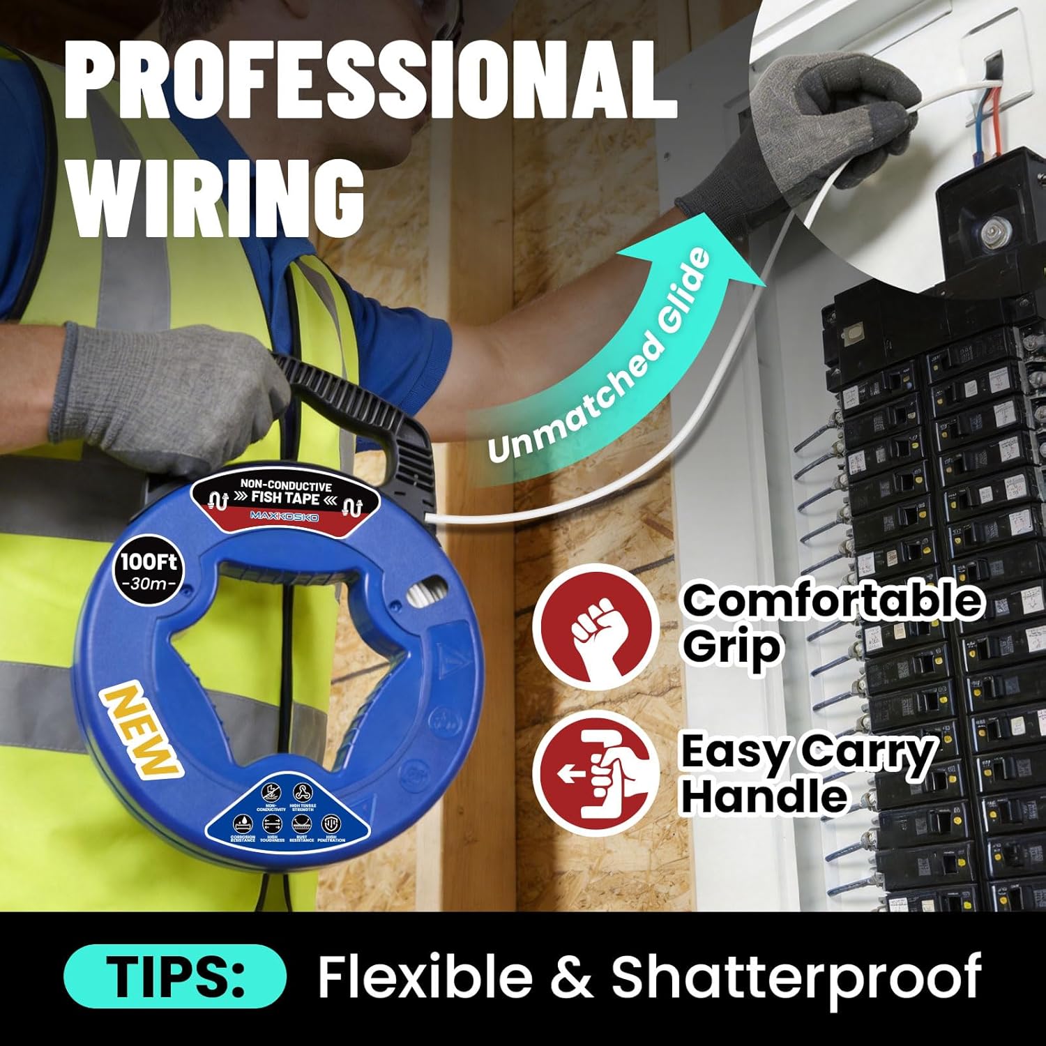 MAXKOSKO Professional Fish Tape Wire Puller, 3/16 In x 100Ft Electrical Wire Fishing Tools, Non-Conductive Fiberglass with Gloves for Walls and Electrical Conduit