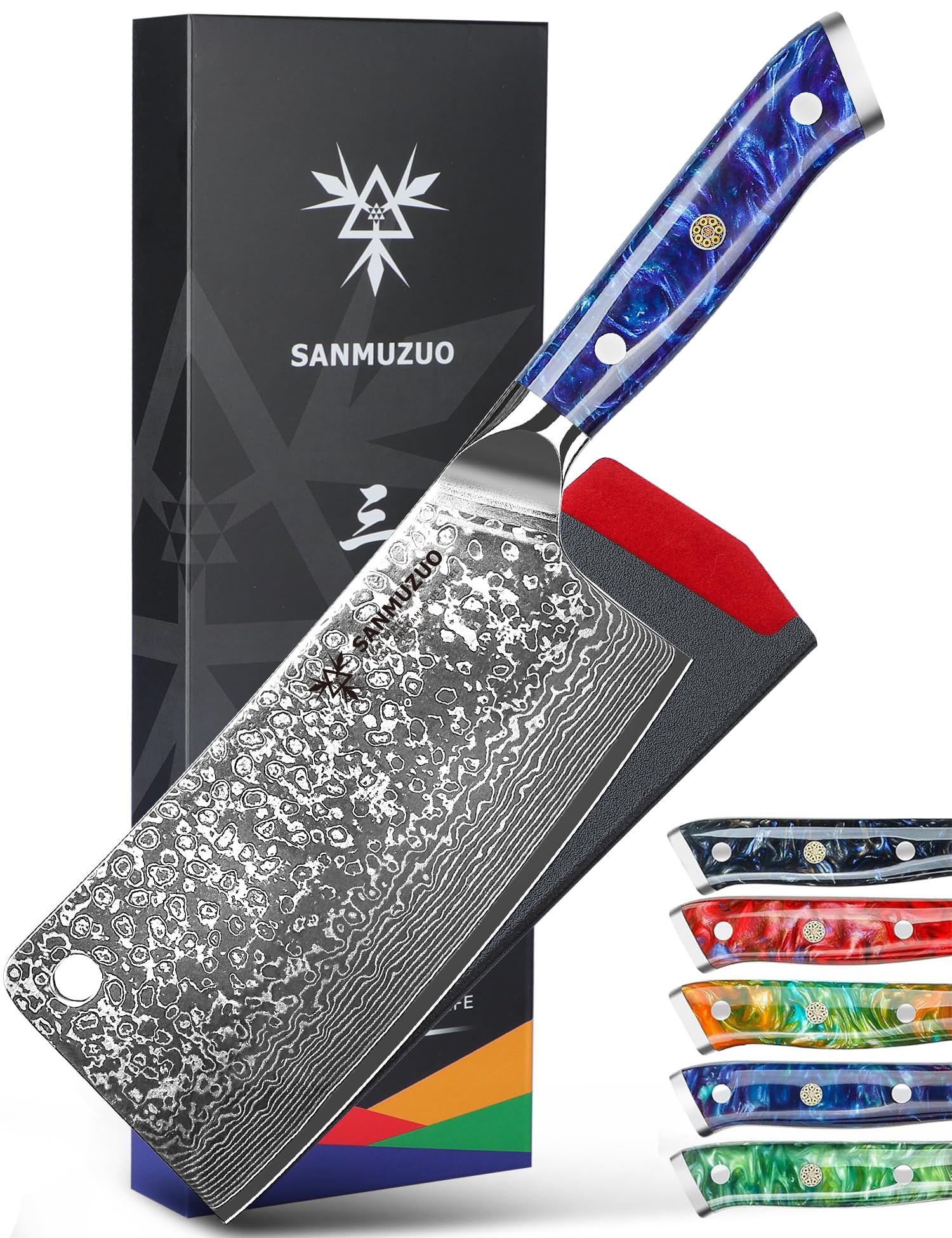 Mannaia Macellaio Cinese Coltello per Carne da Cucina Professionale 16,5 cm, Coltello da Chef Acciaio Damasco da 67 Strati- Impugnatura Ergonomica Resina - Xuan Series(Blu Zaffiro)
