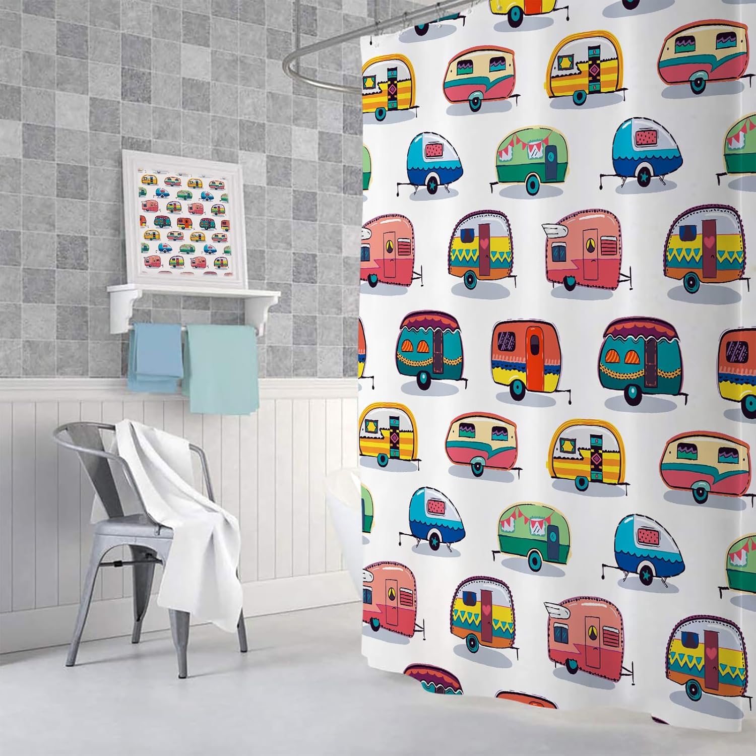 JAWO RV Shower Curtain for Camper Trailer Camping Bathroom, Retro RV Fun Camping, Happy Camper Stall Shower Curtain with Hooks Set, 69x84Inches
