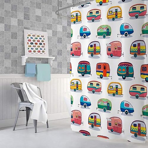 Miniatura 4 de JAWO Cortina de ducha para autocaravana, remolque, campamento, baño, retro, caravana divertida, campamento, juego de cortina de ducha con ganchos