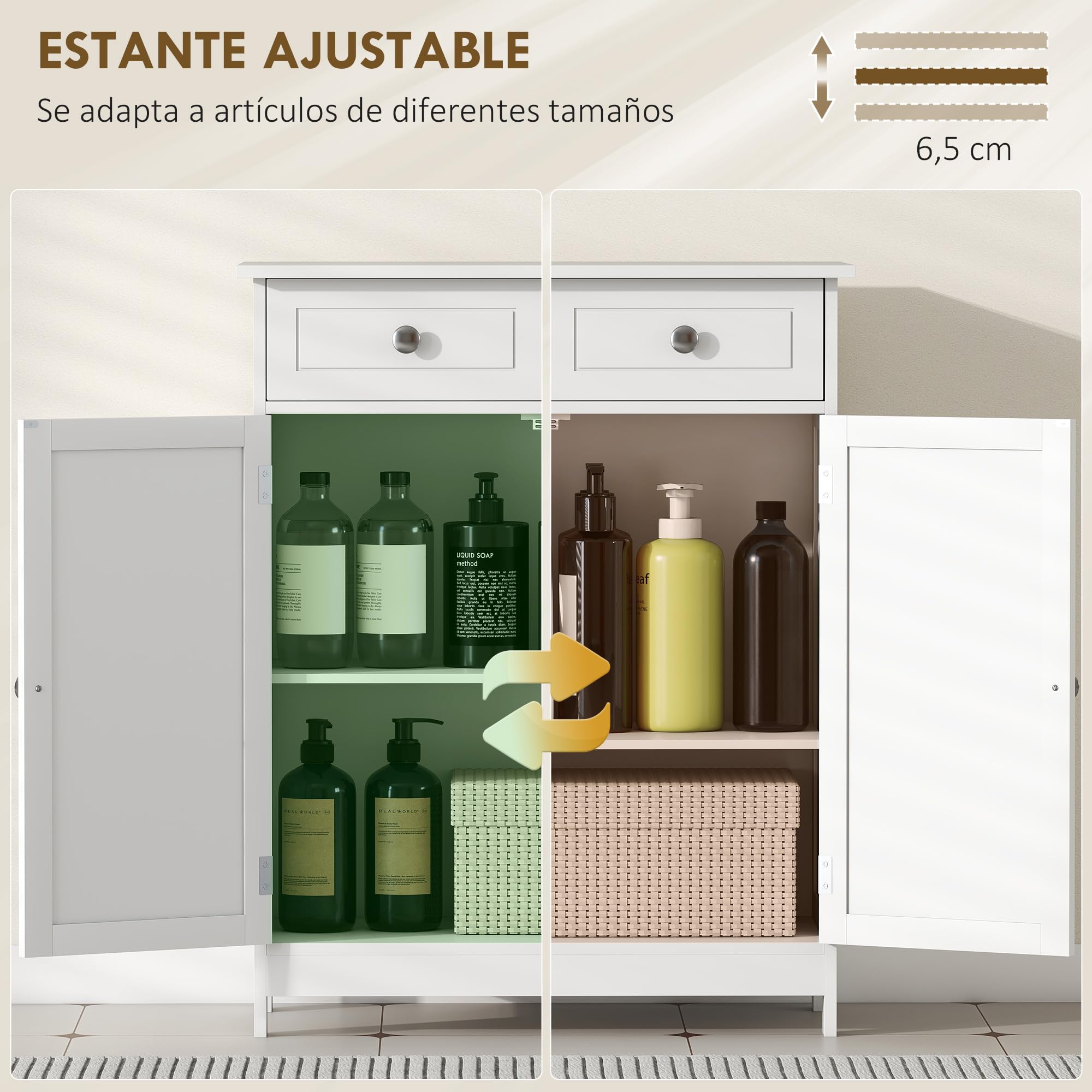 kleankin Armario Auxiliar de Baño 2 Cajones 2 Puertas 60x30x75 cm Blanco | Mueble Auxiliar de Baño, Estante Ajustable, Estilo Moderno, para Ducha Dormitorio