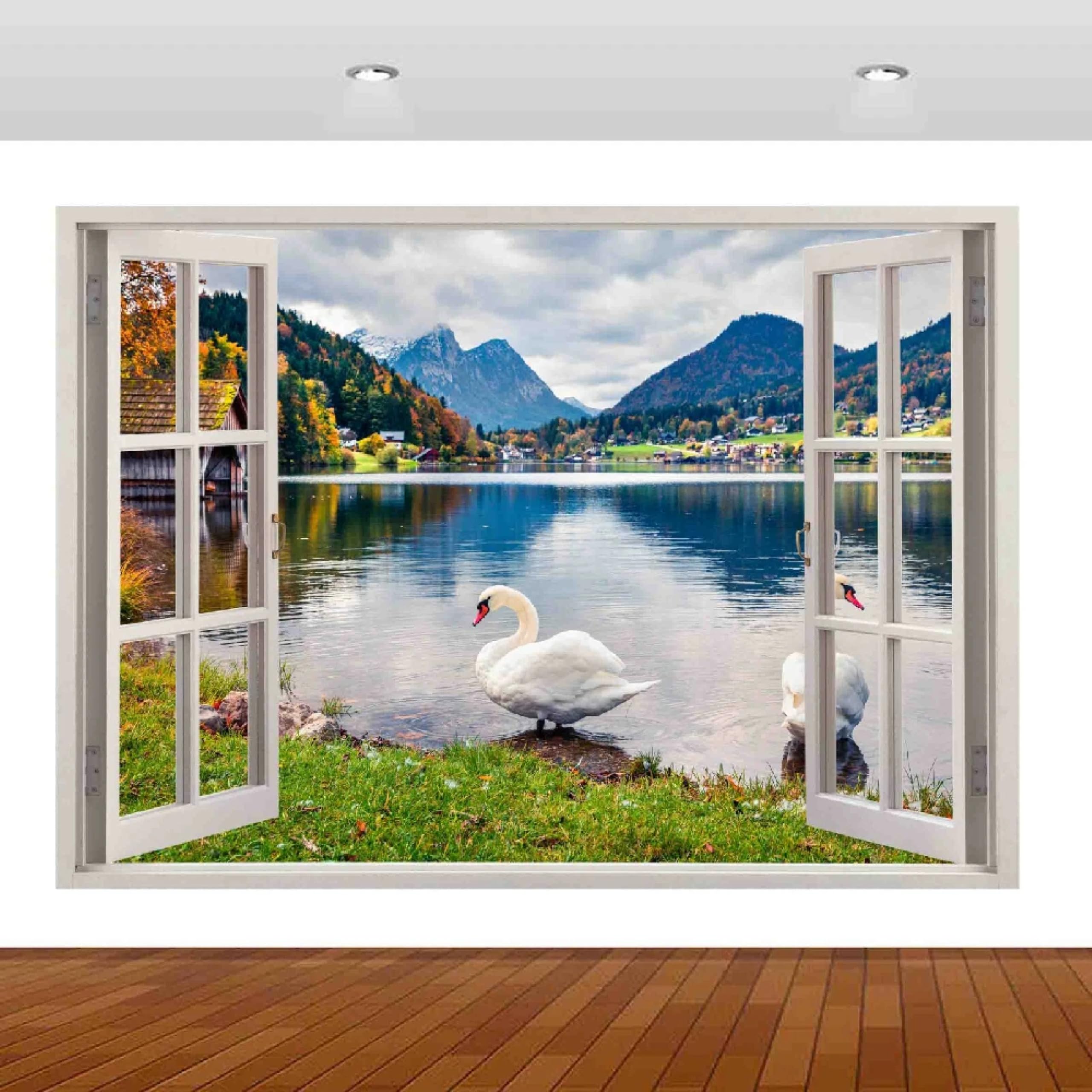 Adesivi 3D per decorazioni murali distruttiPaesaggio Del Lago Dei Cigni Adesivo da parete Tatuaggio da parete per la decorazione della parete della cameretta dei bambini 70x122cm