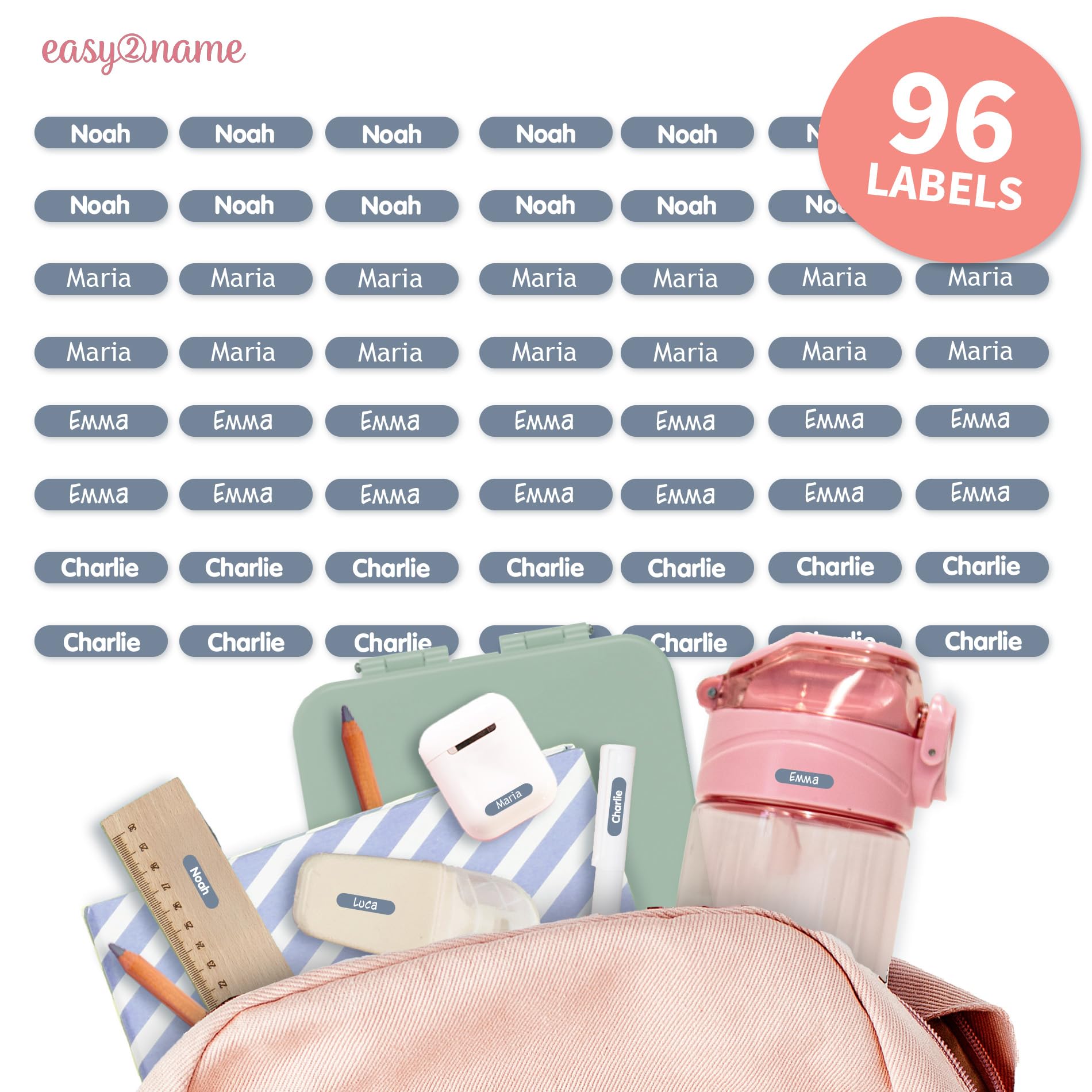 Easy2Name - Personalised mini XS Name Labels - Waterproof Name Stickers for Children and Adults - Ideal as Name Stickers in The Office, Workshop or School - 20x4mm - Coloured (Petrol Blue, 96)