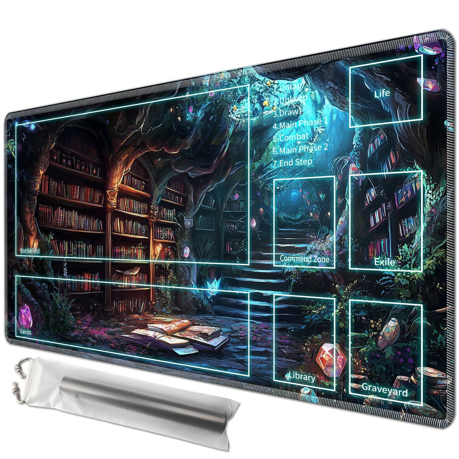 JANENFNA Playmat 24" x 14" with Magic Zones for MTG Card Game Playing, Board Game Mat for Card Breaking Commander Deck Gaming Card Game Battles Mat with Storage Bags, Enchanted Forest Library — image 1