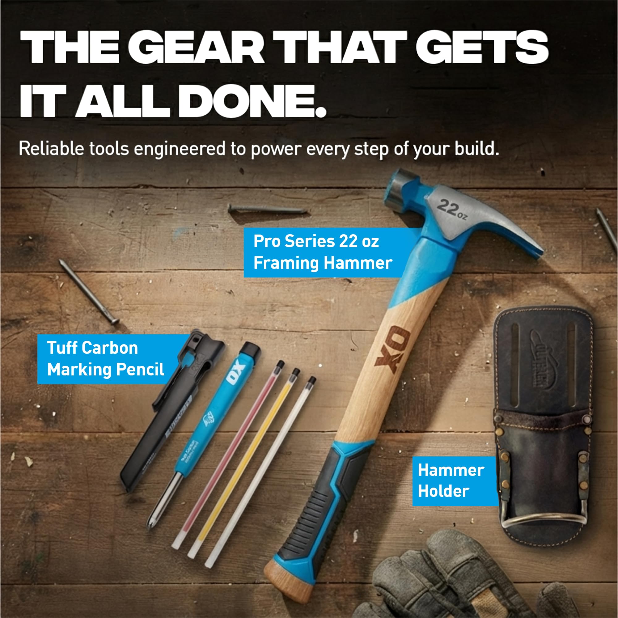 OX Tools Pro - Martello da falegname con testa zigrinata, manico dritto in noce americano, impugnatura in TPR e avviatore magnetico per chiodi