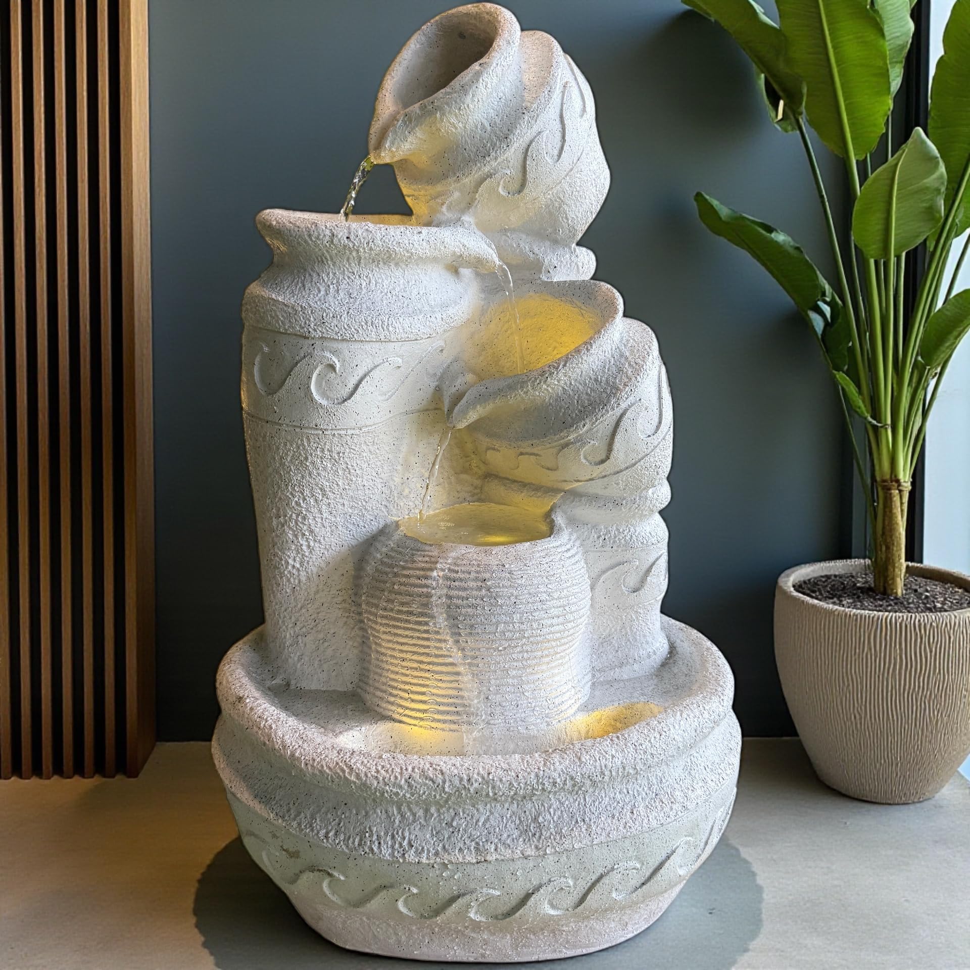 G - Creations : Waterfall Fountain | Outdoor Garden Waterfall 3 Step Matki Pot Cascading Water Fountain with LED Lights Home Decor Pooja | Indoor | Outdoor Fountain 2 Feet (White)