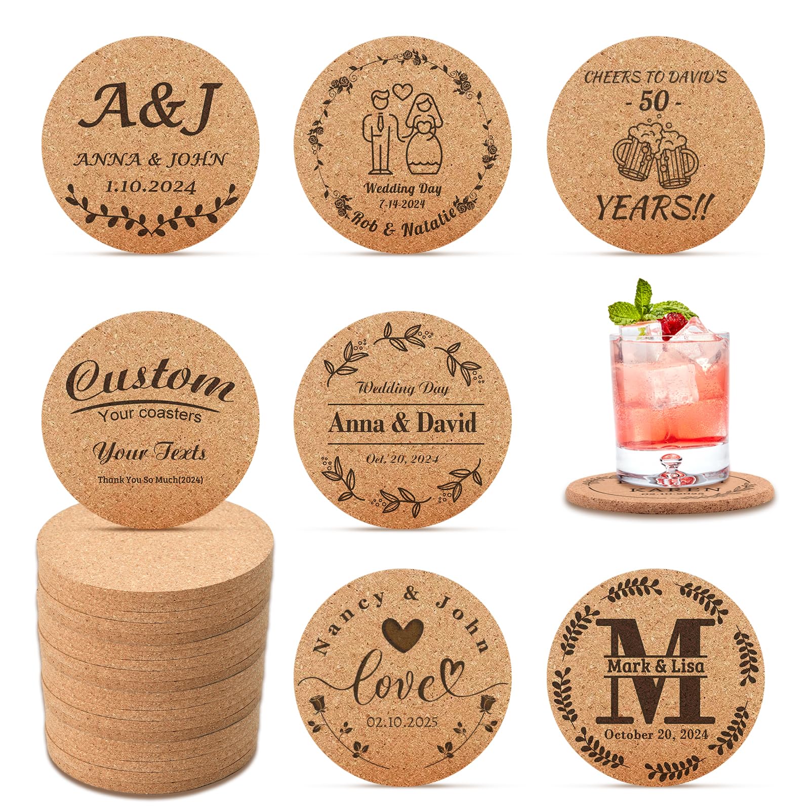 Bexoa 1Pcs Personalised Coaster Customise Cork Coasters, Personalised Drink Coasters Bulk Wedding Favors For Anniversaries, Family Reunions, Christmas Party Gifts (1Pcs)