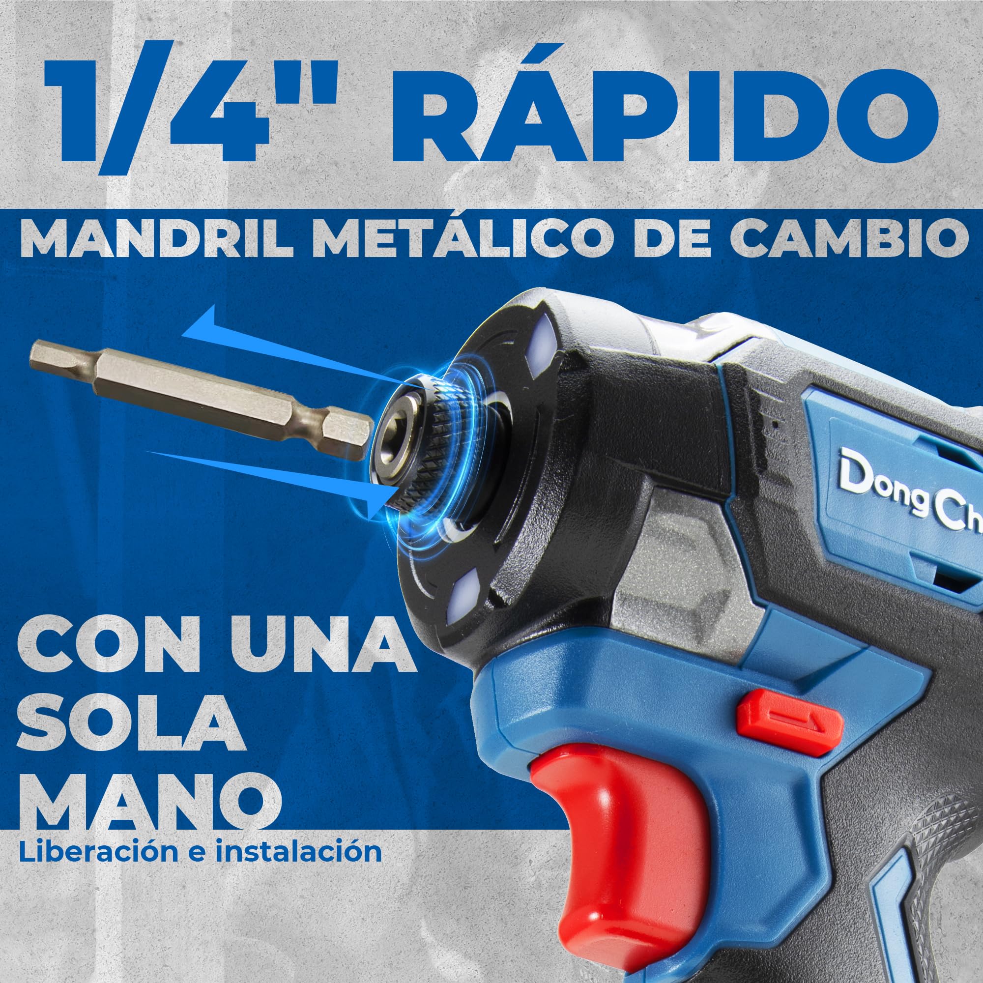Atornillador de Impacto Dong Cheng 18V sin Escobillas, 208Nm, Modo Autoperforante, 3200 rpm, 4300 ipm, Portabrocas Hex 1/4", 3 Velocidades, con 2 Baterías de 2.0 Ah