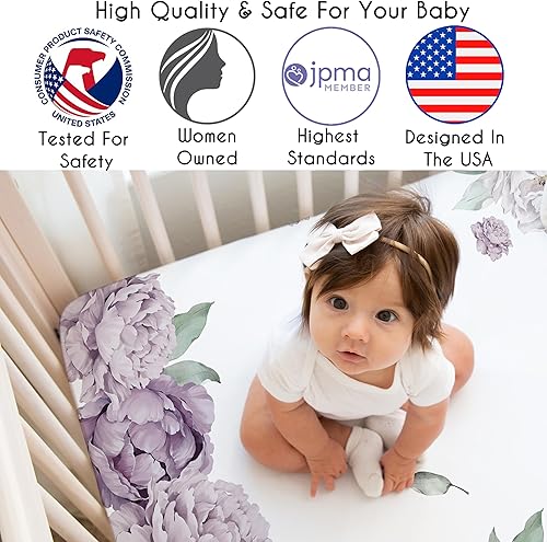 Miniatura 3 de Sweet Jojo Designs Sábana bajera ajustable para cuna de bebé de color morado lavanda, estilo bohemio, elegante, floral, para foto de bebé recién