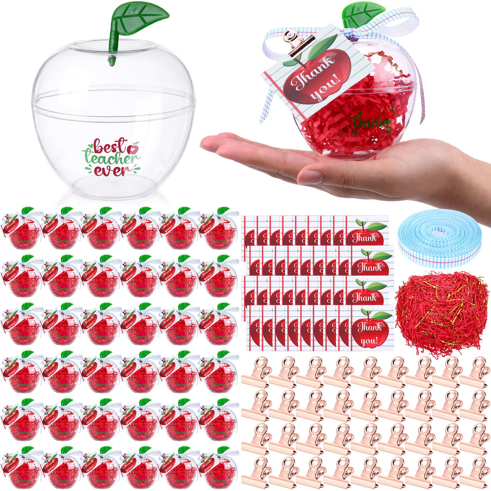 Apfelbehälter aus Kunststoff, transparent, mit Dankeskarten, Lineal, Band-Clips, Bast, Dankeschön, Geschenke für Lehrer, 36 Sets